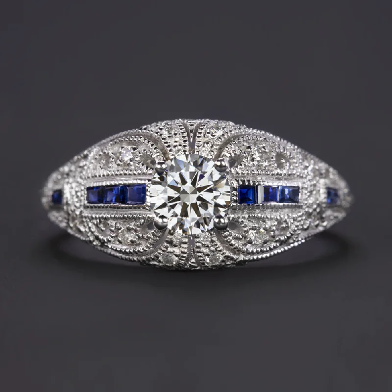 Ladies Engagement Rings Bezel Setting-VINTAGE STYLE LAB CREATED DIAMOND SAPPHIRE RING ART DECO COCKTAIL ENGAGEMENT