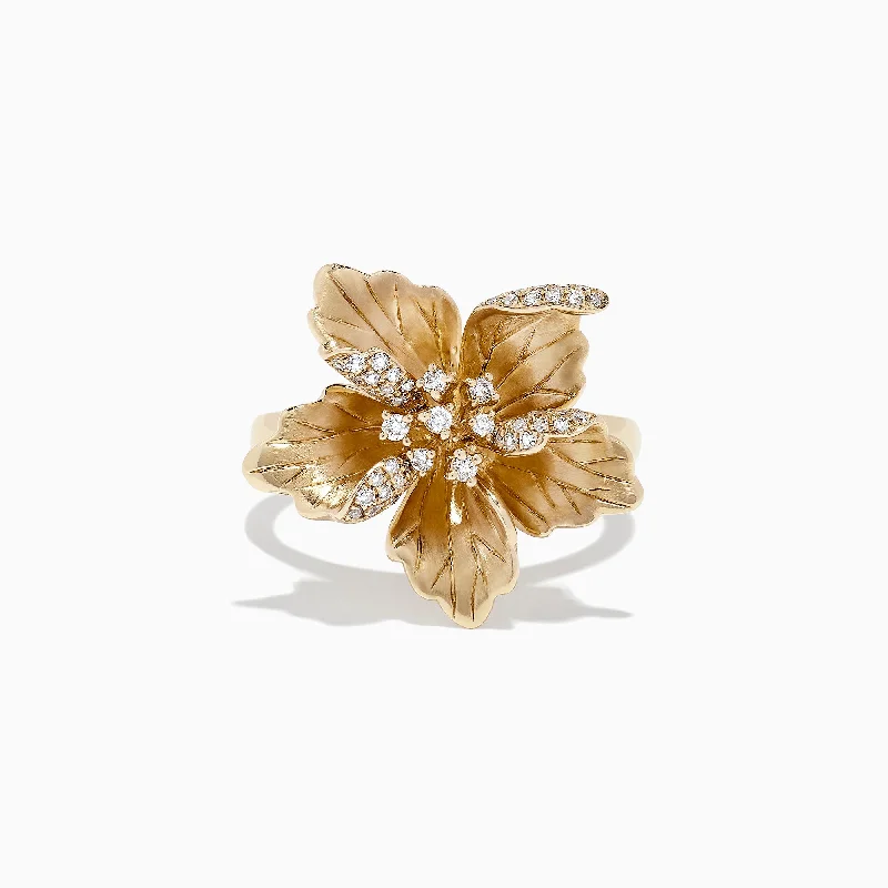 Ladies Rings Spiral Band-Nature 14K Yellow Gold Diamond Flower Ring, 0.23 TCW