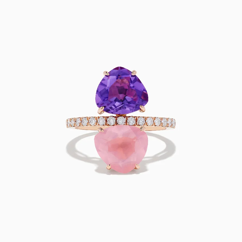 Ladies Rings for Travelers-14K Rose Gold Amethyst, Rose Quartz, and Diamond Toi Et Moi Ring