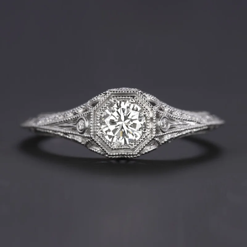 Ladies Engagement Rings Hexagon Shape-VINTAGE STYLE DIAMOND ENGAGEMENT RING 0.30ct I VS2 14k WHITE GOLD FILIGREE 1/3ct