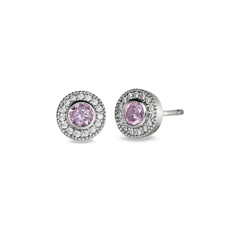 Ladies Earrings with Howlite-Platinum Finish Sterling Silver Micropave Round Simulated Pink Sapphire Earrings with Simulated Diamonds