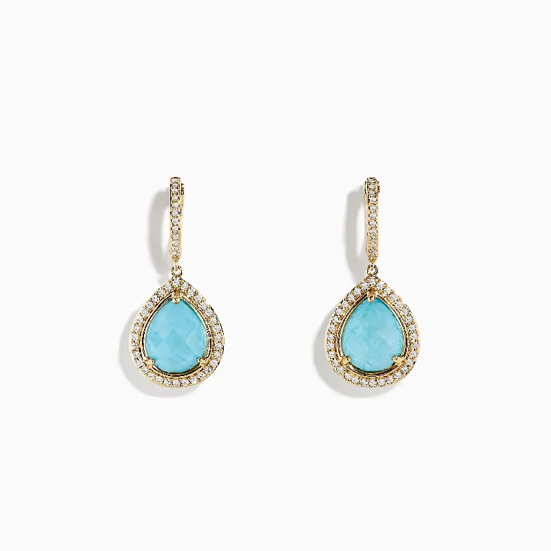 Ladies Earrings Cloud Shape-14K Yellow Gold Apatite and Diamond Pear Shaped Drop Earrings