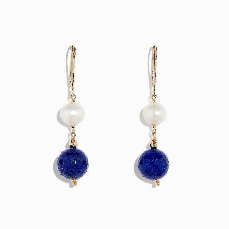 Ladies Earrings with Aventurine-14K Yellow Gold Lapis Lazuli & Cultured Fresh Water Pearl Drop Earrings, 1.50 TCW