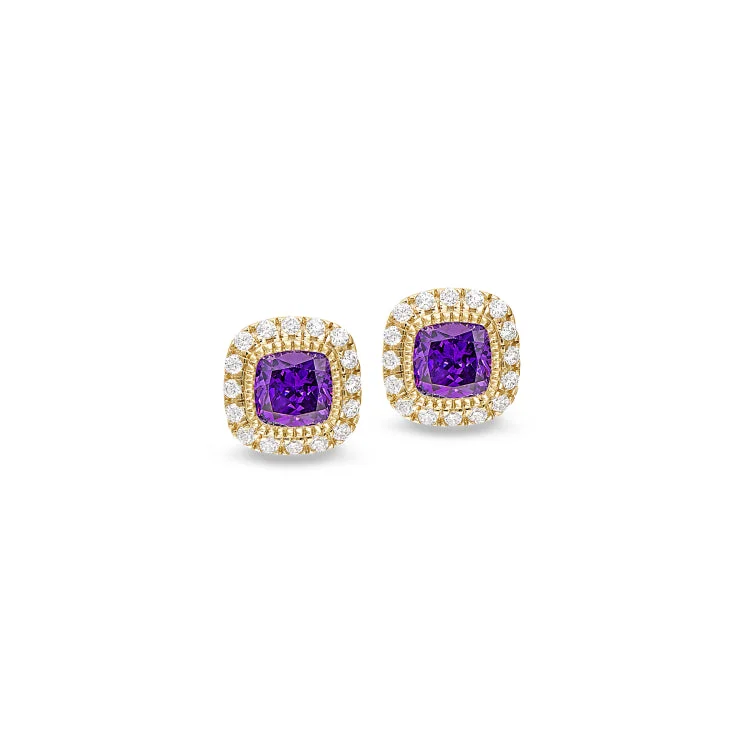 Ladies Earrings for Activists-Gold Finish Sterling Silver Micropave Simulated Amethyst Earrings with Simulated Diamonds