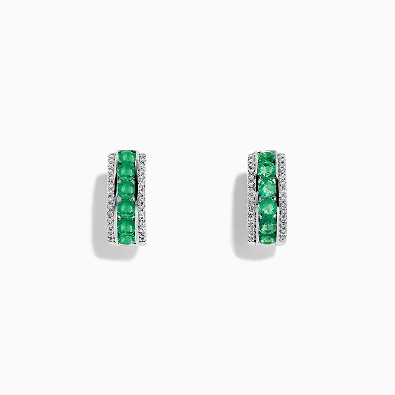 Ladies Earrings for Artists-14k White Gold Emerald and Diamond Huggie Hoop Earrings, 1.51 TCW