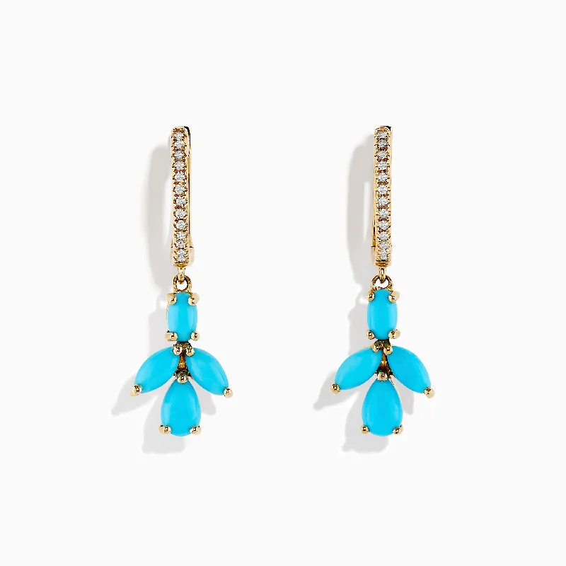 Ladies Earrings with Leucite-14K Yellow Gold Turquoise and Diamond Earrings