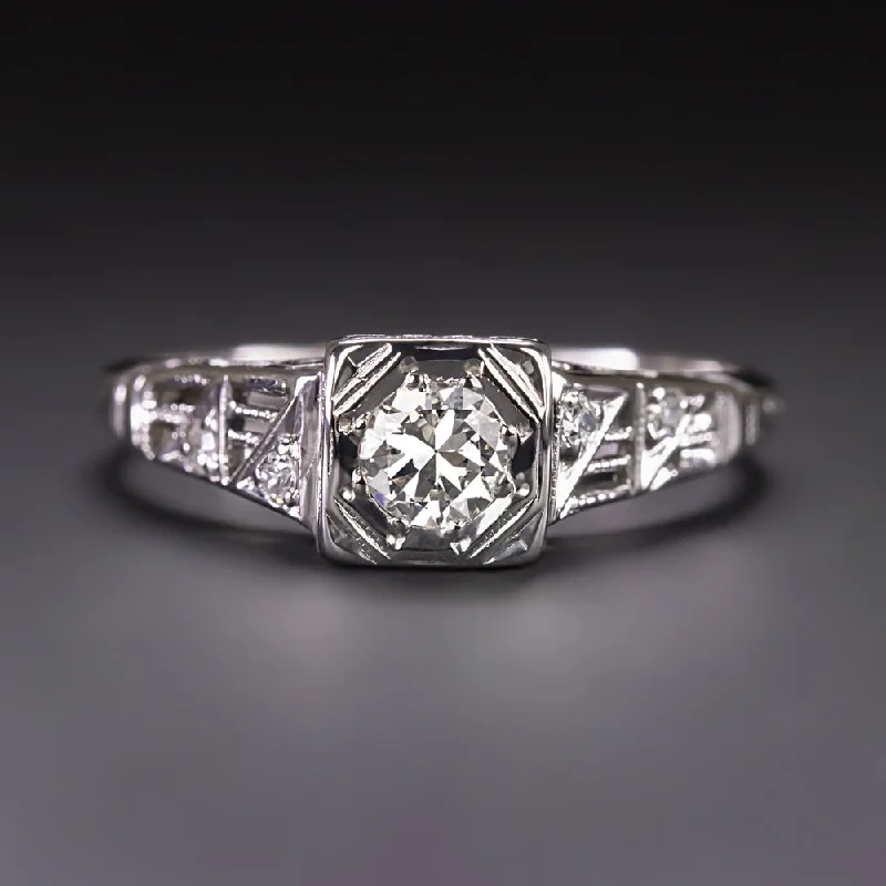 Ladies Engagement Rings Star Halo-ART DECO DIAMOND ENGAGEMENT RING 18k WHITE GOLD OLD EUROPEAN CUT VINTAGE ESTATE