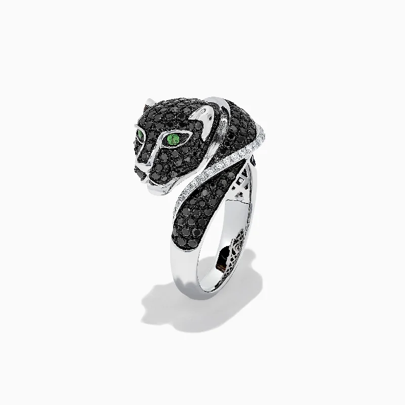 Ladies Rings with Kornerupine-Signature 14K White Gold Black & White Diamond Panther Ring, 1.54 TCW