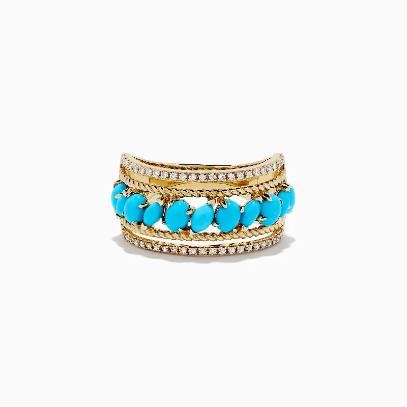 Ladies Rings with Idocrase-14K Yellow Gold Turquoise and Diamond Ring, 1.80 TCW