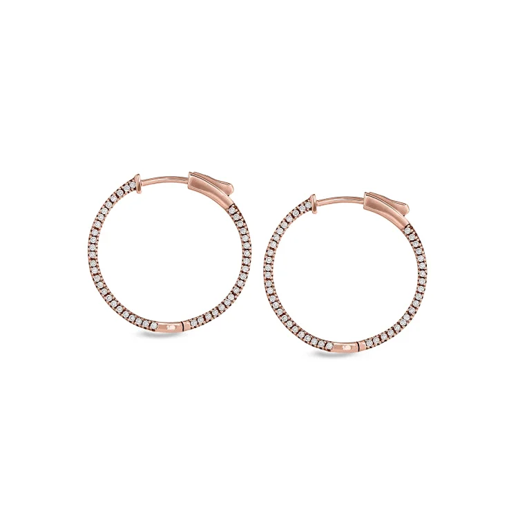 Ladies Earrings for Birthdays-Rose Gold Finish Sterling Silver Micropave Side Stones Medium Hoop Earrings with Simulated Diamonds