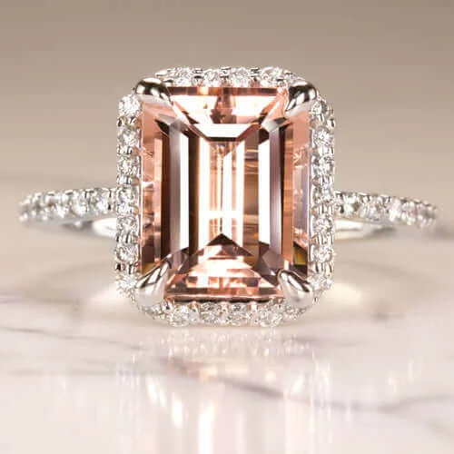 Ladies Engagement Rings Two Tone-2.7 EMERALD CUT PEACH PINK MORGANITE 0.6 DIAMOND ENGAGEMENT RING HALO WHITE GOLD