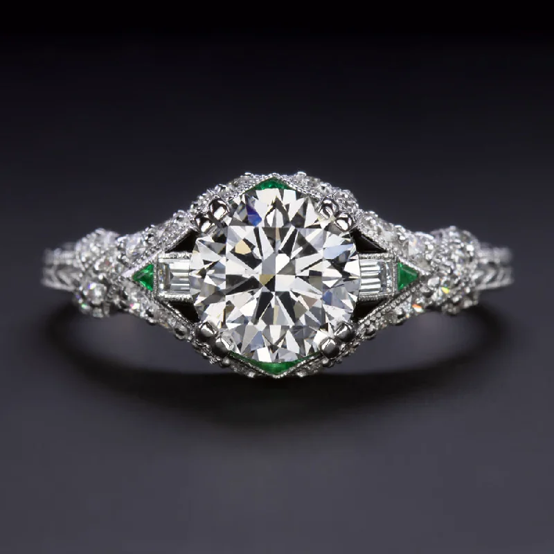 Ladies Engagement Rings Artisan Style-1ct GIA CERTIFIED DIAMOND ENGAGEMENT RING J SI1 VINTAGE STYLE EMERALD BLACK ONYX