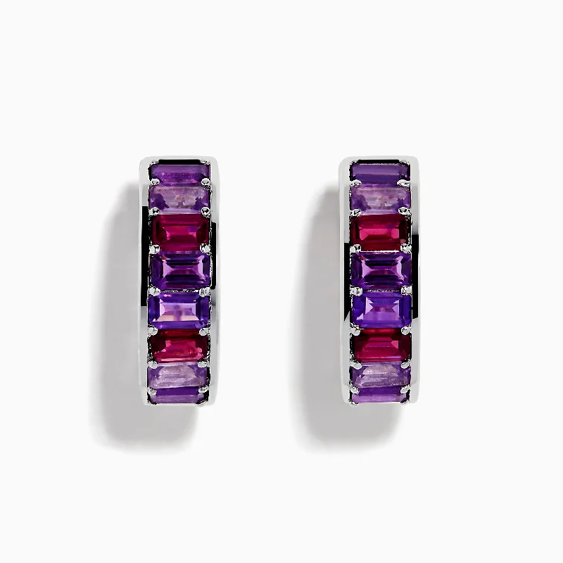 Ladies Earrings for Brides-925 Sterling Silver Amethyst and Rhodolite Huggie Hoop Earrings