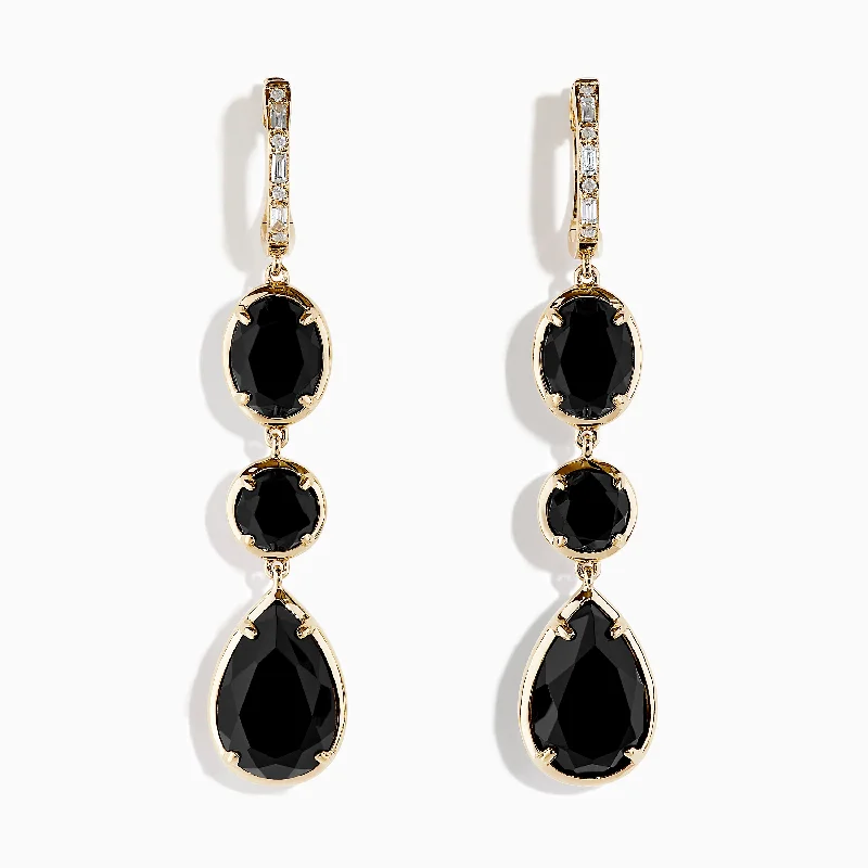 Ladies Earrings for Brides-14K Yellow Gold Onyx and Diamond Drop Earrings