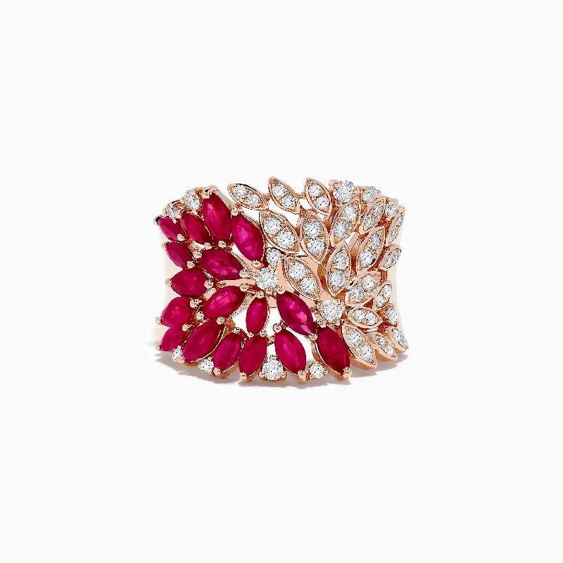 Ladies Rings Hexagon Cut-Ruby Royale 14K Rose Gold Marquise Cut Ruby and Diamond Cocktail Ring