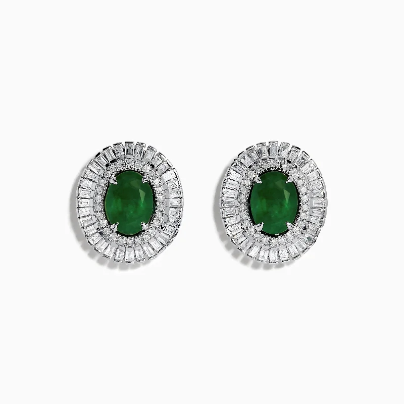 Ladies Earrings for Writers-14K White Gold Emerald and Diamond Stud Earrings