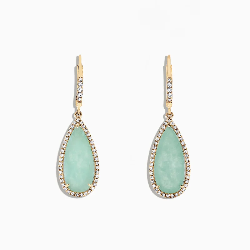 Ladies Earrings Geometric Shape-14K Yellow Gold Jade and Diamond Earrings, 8.09 TCW