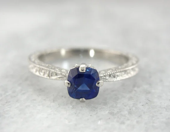 Ladies Engagement Rings Lunar Design-Vintage Palladium Engagement Ring with Cushion Cut Blue Sapphire