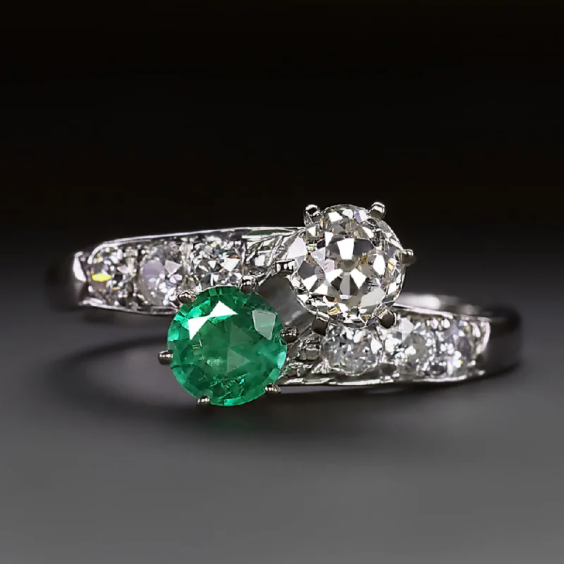 Ladies Engagement Rings with Onyx-VINTAGE DIAMOND EMERALD TOI ET MOI RING OLD MINE CUT PLATINUM ENGAGEMENT 1.5ct