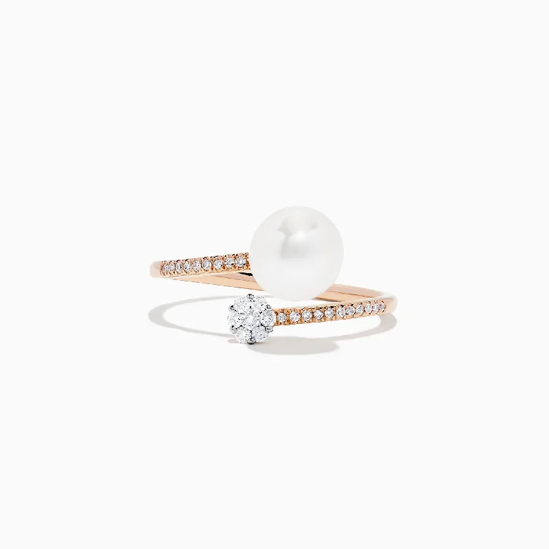 Ladies Rings with Pollucite-14K Rose Gold Pearl and Diamond Wrap Ring, 0.13 TCW