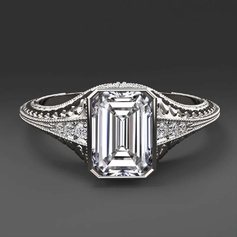 Ladies Engagement Rings Braided Design-1.5ct LAB CREATED DIAMOND ENGAGEMENT RING CERTIFIED E VS1 VINTAGE EMERALD CUT