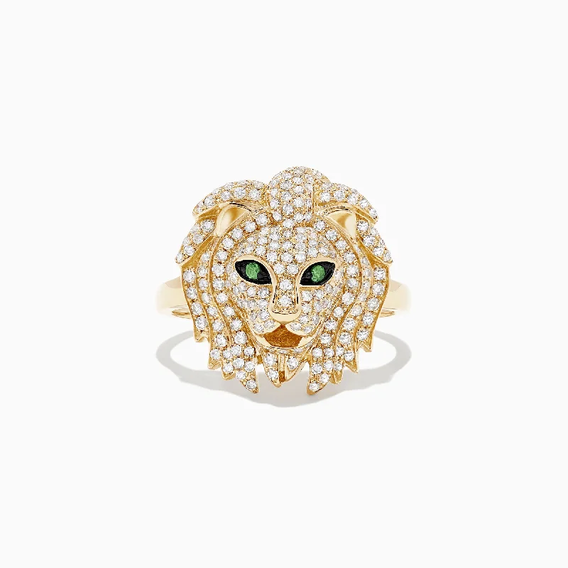 Ladies Rings with Amber-Safari 14K Yellow Gold Diamond and Tsavorite Lion Head Ring, 0.69 TCW