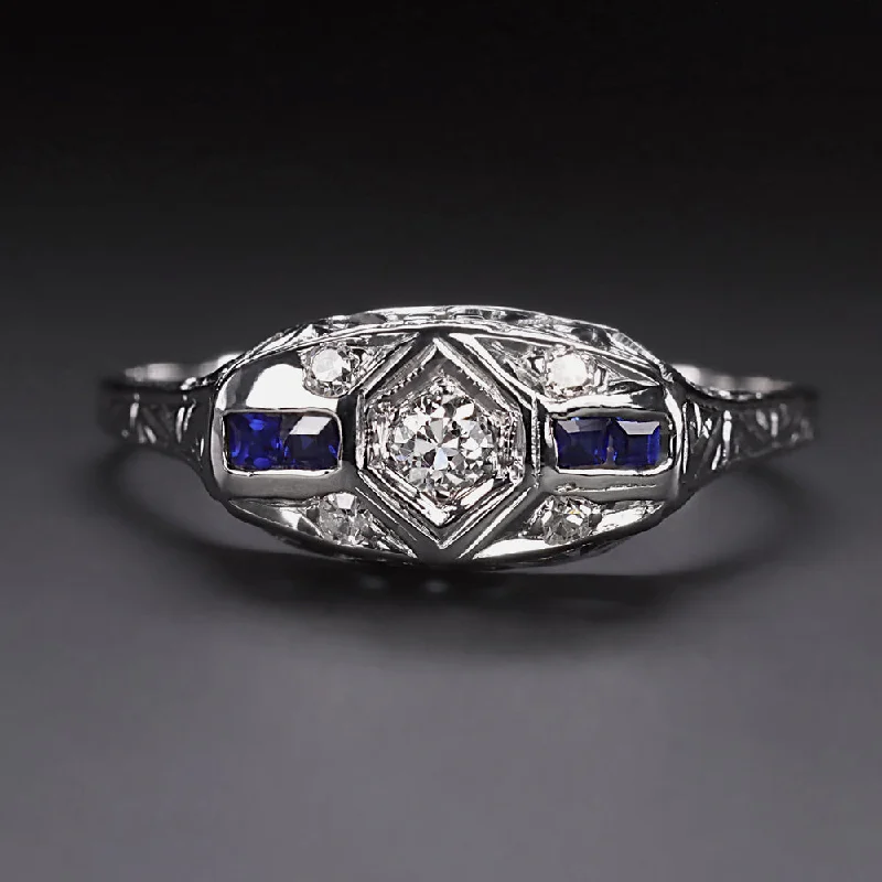 Ladies Engagement Rings Heart Shape-ART DECO DIAMOND SAPPHIRE ENGAGEMENT RING VINTAGE 18K WHITE GOLD FILIGREE 1920s