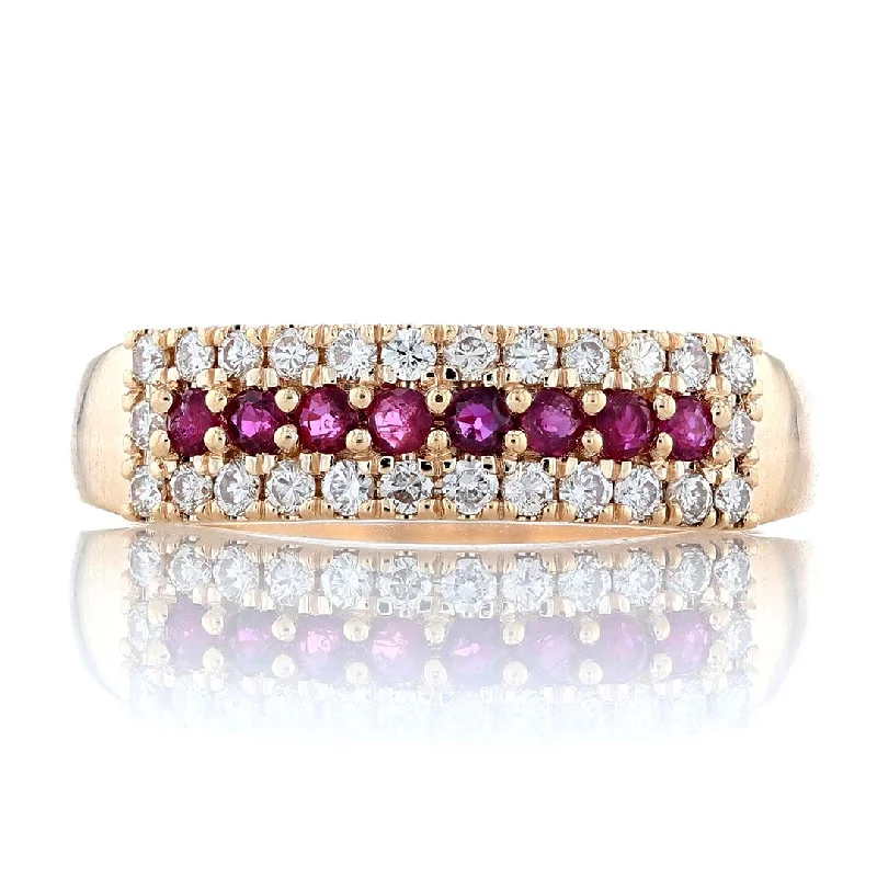 Ladies Rings with Engraving-Ruby & Diamond 3 Row Ring