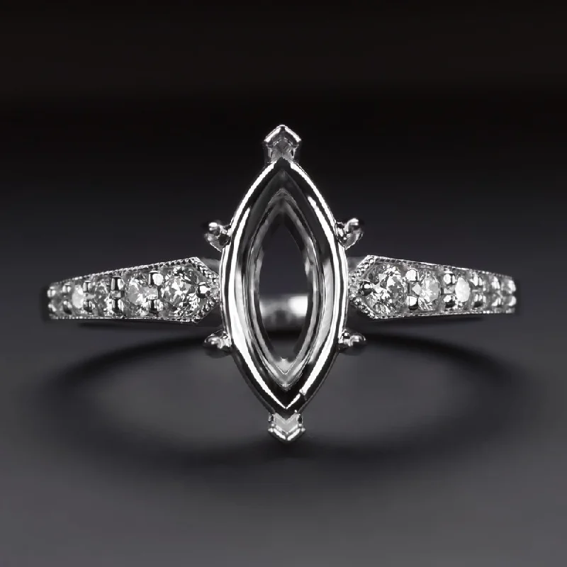 Ladies Engagement Rings Bold Stone-MARQUISE SHAPE DIAMOND RING SETTING VINTAGE STYLE WHITE GOLD ENGAGEMENT MOUNT