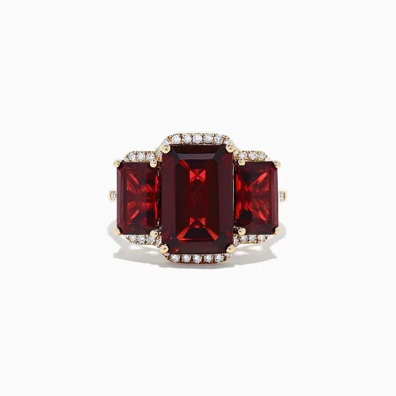 Ladies Rings for Winter-Bordeaux 14K Yellow Gold Garnet and Diamond Three Stone Ring, 8.62 TCW