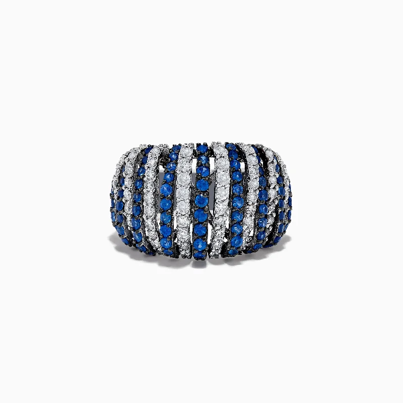 Ladies Rings for Beach-14K White Gold Blue Sapphire and Diamond Striped Ring