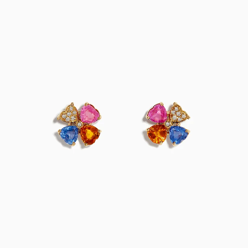 Ladies Earrings with Iolite-14K Yellow Gold Multi Sapphire and Diamond Flower Earrings