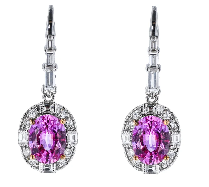 Ladies Earrings Open Hoop-JULEVE 18KT WHITE GOLD 3.74CT PINK SAPPHIRE & 1.10CTW DIAMOND HALO EARRINGS