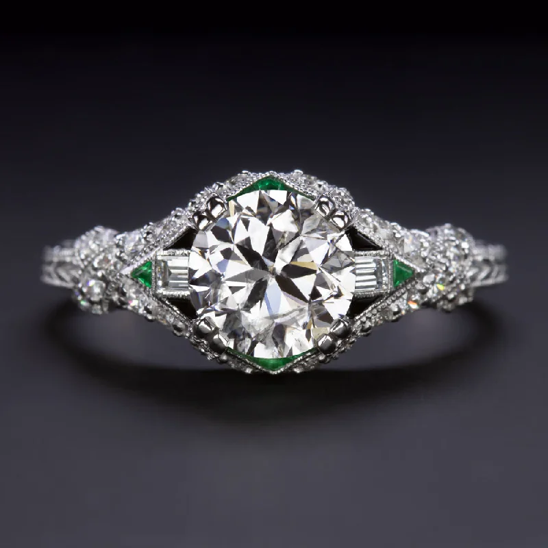 Ladies Engagement Rings Five Stone-1.21ct ROUND BRILLIANT CUT DIAMOND ENGAGEMENT RING VINTAGE STYLE EMERALD ONYX