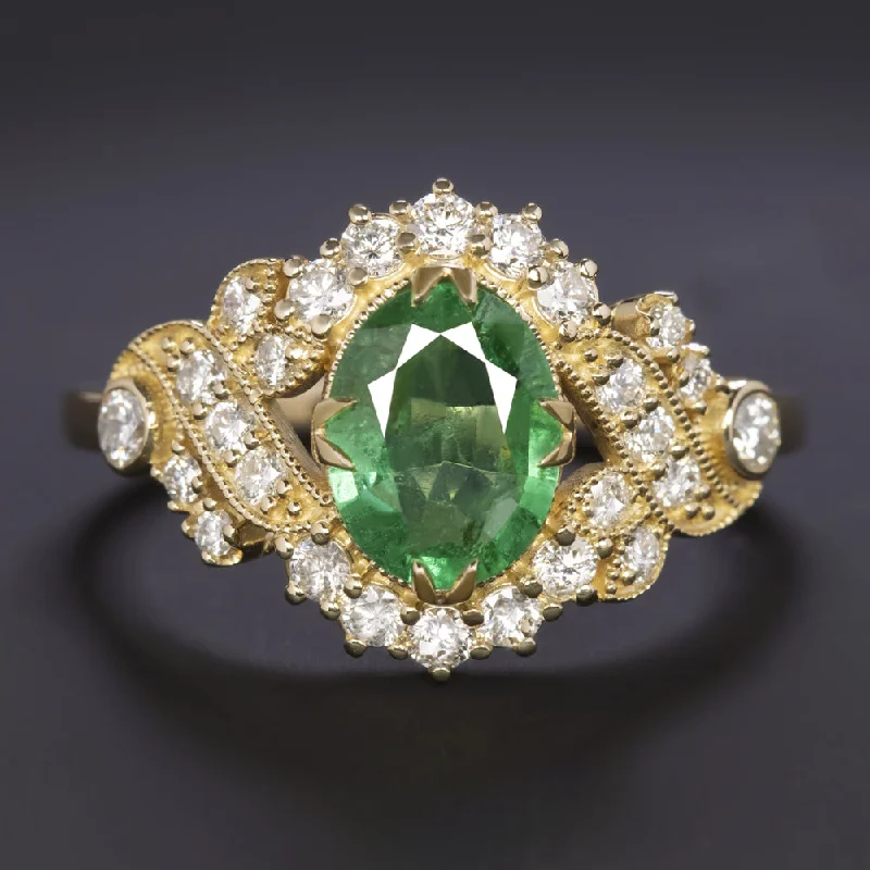 Ladies Engagement Rings with Diamond-1.47ctw EMERALD DIAMOND VINTAGE STYLE COCKTAIL RING OVAL CUT ENGAGEMENT NATURAL