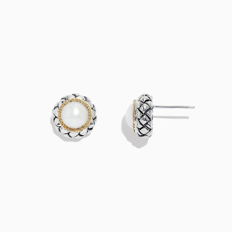 Ladies Earrings Double Hoop-925 Sterling Silver & 18K Yellow Gold Cultured Fresh Water Pearl Stud Earrings