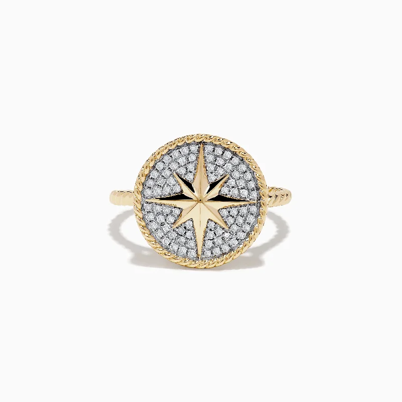 Ladies Rings for Athletes-Novelty 14 Karat Yellow Gold Diamond Compass Ring