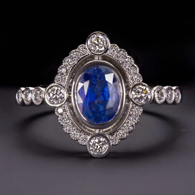 Ladies Engagement Rings Luxury Brand-1ct NATURAL SAPPHIRE 1/3ct DIAMOND COCKTAIL RING VINTAGE STYLE HALO ENGAGEMENT