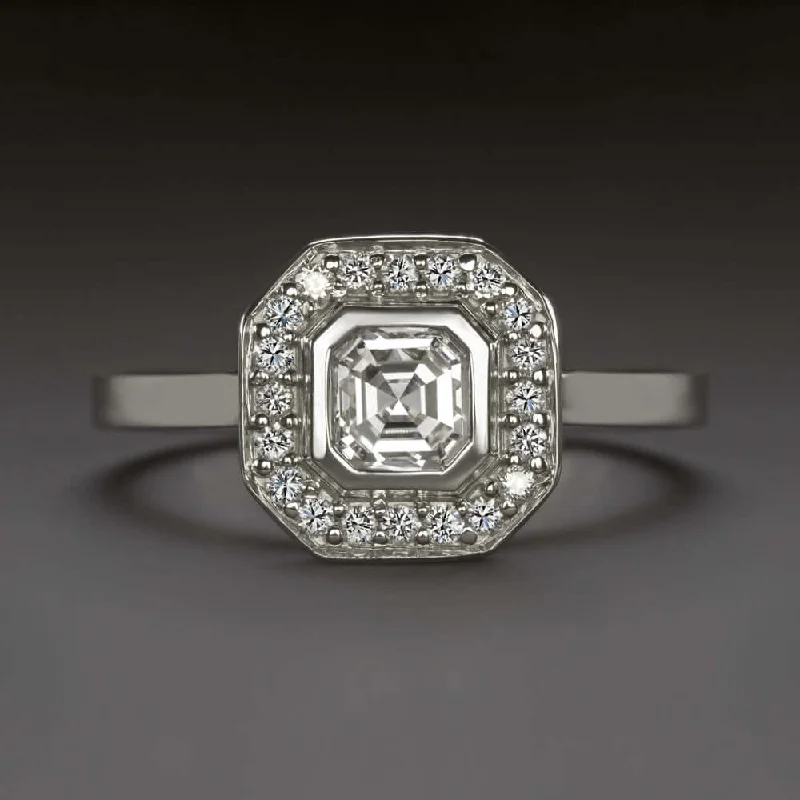 Ladies Engagement Rings with Diopside-1 CARAT E-F VS1 EMERALD CUT DIAMOND ENGAGEMENT RING 18k WHITE GOLD HALO NATURAL