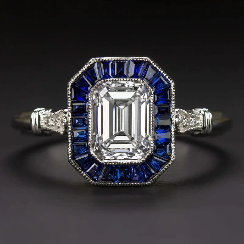 Ladies Engagement Rings with Zoisite-1.20c GIA CERT H VVS2 DIAMOND ENGAGEMENT RING VINTAGE STYLE SAPPHIRE EMERALD CUT