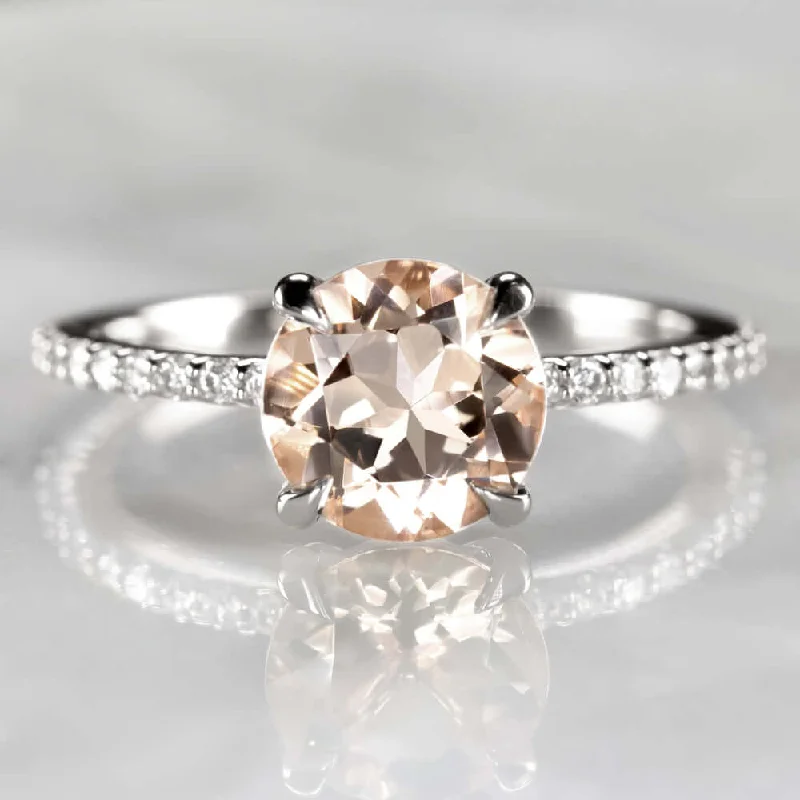 Ladies Engagement Rings with Heliodor-ROUND 1.7ct PEACH MORGANITE 8MM NATURAL DIAMOND ENGAGEMENT RING WHITE GOLD PAVE