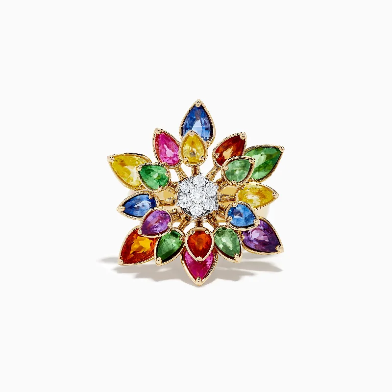 Ladies Rings Feather Design-Watercolors 14K Two-Tone Multi Sapphire Moving Petals Flower Ring