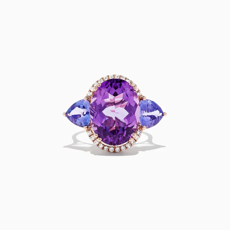 Ladies Rings with Zoisite-14K Rose Gold Amethyst, Tanzanite and Diamond Ring, 10.28 TCW