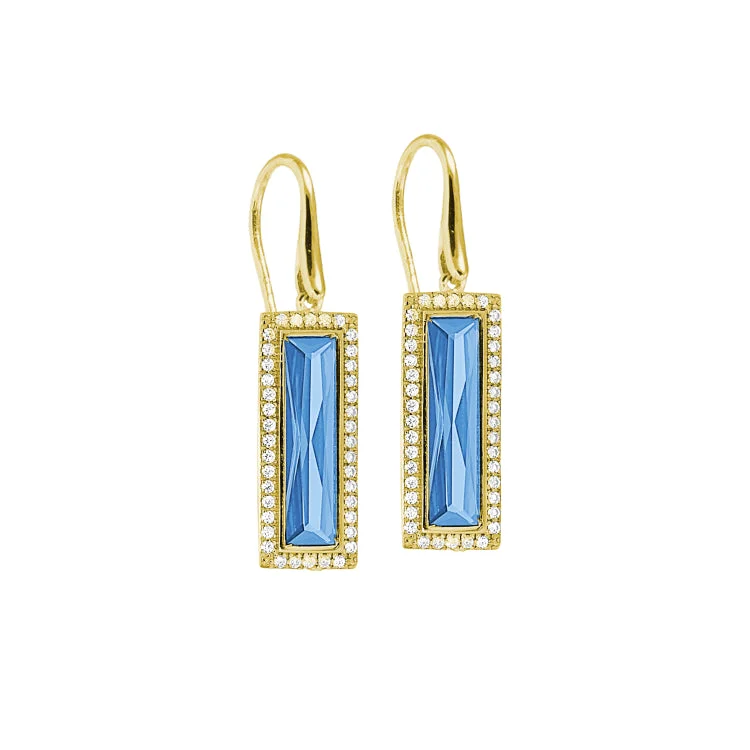 Ladies Earrings Square Shape-Gold Finish Sterling Silver Earrings with Rectangular Simulated Blue Topaz Stones and Simulated Diamonds