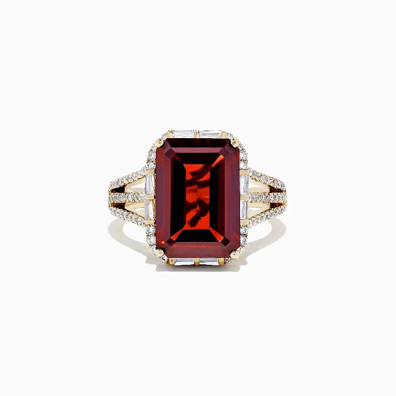 Ladies Rings Retro Design-Bordeaux 14K Yellow Gold Garnet and Diamond Cocktail Ring, 8.37 TCW