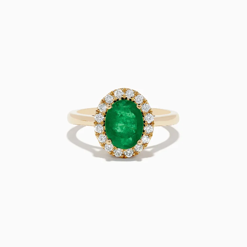 Ladies Rings with Heart Shape-14K Yellow Gold Emerald and Diamond Ring