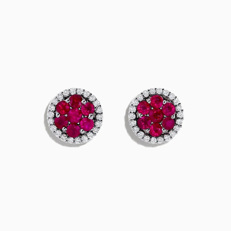 Ladies Earrings with Sanidine-18K White Gold Ruby and Diamond Stud Earrings, 1.76 TCW