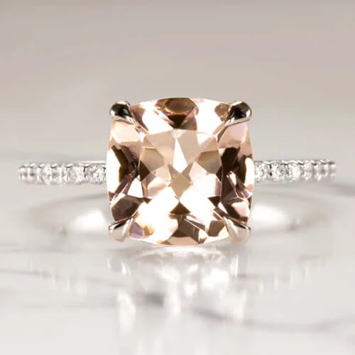 Ladies Engagement Rings Lotus Design-9MM CUSHION PEACH PINK MORGANITE DIAMOND ENGAGEMENT RING PAVE BAND 14 WHITE GOLD