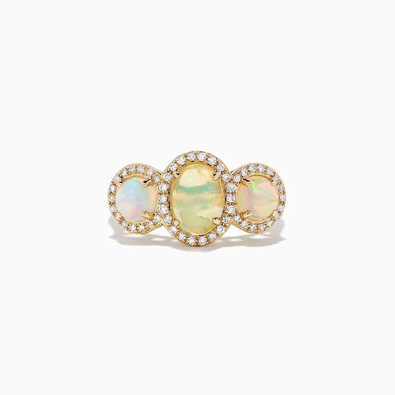 Ladies Rings with Euclase-Aurora 14K Yellow Gold Three Stone Opal and Diamond Ring, 2.39 TCW