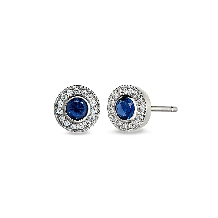 Ladies Earrings Cross Design-Platinum Finish Sterling Silver Micropave Round Simulated Sapphire Earrings with Simulated Diamonds